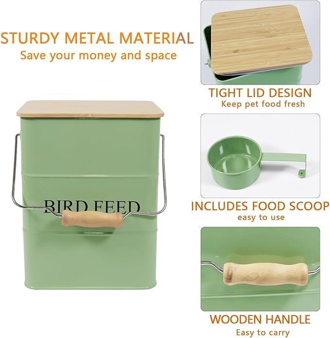 Morezi Bird treat and food storage tin with wooden lid and scoop included - green powder - carbon steel - birds food bin - pet food container storage canister