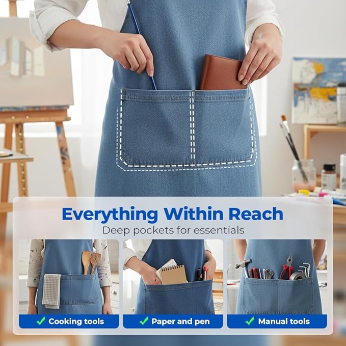 Apron with Pockets for Women and Men, Lightweight Cotton Jean Cross Back Apron with Front Pocket for Cooking Gardening