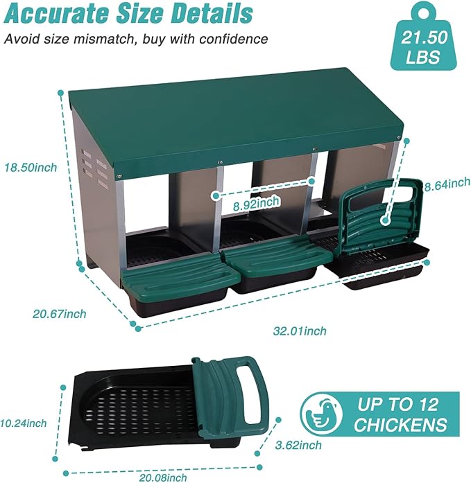 3-in-1 Roll Out Chicken Nesting Box with Removable Drawer – Green Metal Laying Nest for Hens, Easy Assemble, for Chicken Coop (Green)