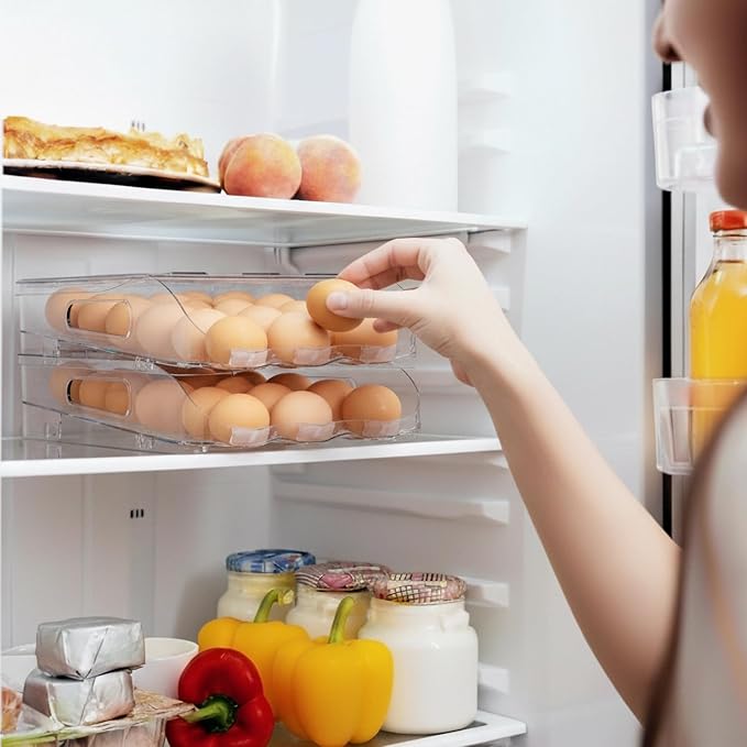 Egg Holder for Fridge, Automatic Steady Rolling Egg Container with Soft Bumpers & Handle for Refrigerator, Stackable Fridge Organizers and Storage with Lid