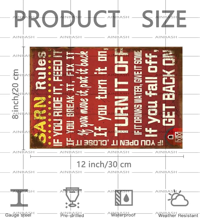 Vintage Wall Decor Metal Tin Sign Barn Rules Cowboy Ranch Thick Tinplate Art Decor Aluminum Poster Funny Plaque Stickers Poster Bar Decor for Garden Farm Stables Home Cafe Bar Bathroom Kitchen 8x12 Inch