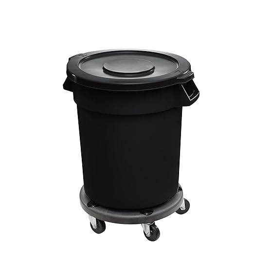 Feed and Seed Storage Container, 20 Gallon Black Round Commercial Trash Can with Lid and Dolly, Food Storage Plastic Bin, Use in Agricultural, Gardening, or Household