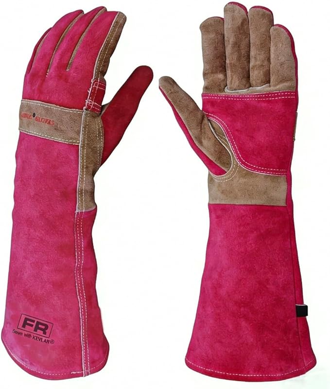 Welding Gloves for Men, Gardening Gloves Yard Work for Women, Long Sleeves Gloves for Rose Pruning, Thorn Proof, Fireproof and Heat Resistant (Rose Red, X-Small)