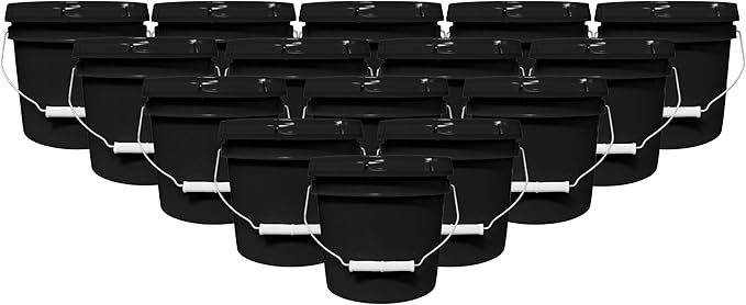 1-Gallon Bucket with Airtight Lid – Made in USA, Food Grade BPA Free Plastic, Heavy Duty Multi-Use, Metal Handle with Grip, Stackable Storage – Black, 15 Pack