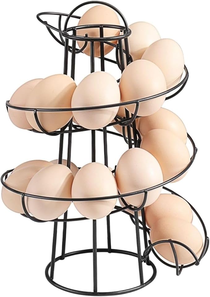 Flexzion Egg Skelter Modern Spiral Egg Holder Countertop (Medium Egg Display) - Freestanding Wired Countertop Egg Holder for Fresh Eggs, Dispenser Stand, Storage Rack for Kitchen, Black