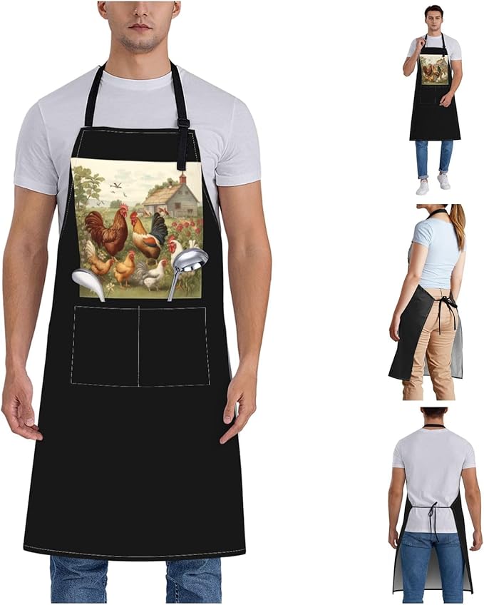 Chickens and Farm Aprons for Women with 2 Pockets, Kitchen Cooking Apron for Men, Water and Oil Resistant, Adjustable Bib Apron Extra Long Work Aprons for Dishwashing, Dog Grooming