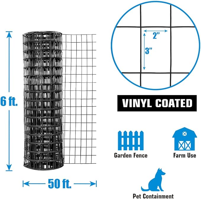 Fencer Wire Vinyl Coated 16 Gauge Welded Fence Wire Roll, Mesh Size 2-Inch x 3-Inch, Black Metal Garden Fencing Wire Grid Hardware Cloth, Multiple Use for Home Improvement