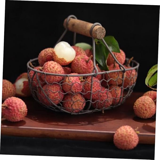 2pcs Vintage Metal Mesh Storage Baskets with Wooden Handles, Multi-function Fruit and Egg Organizer for Kitchen Counter and Harvesting, Farmhouse Style Wire Basket Set