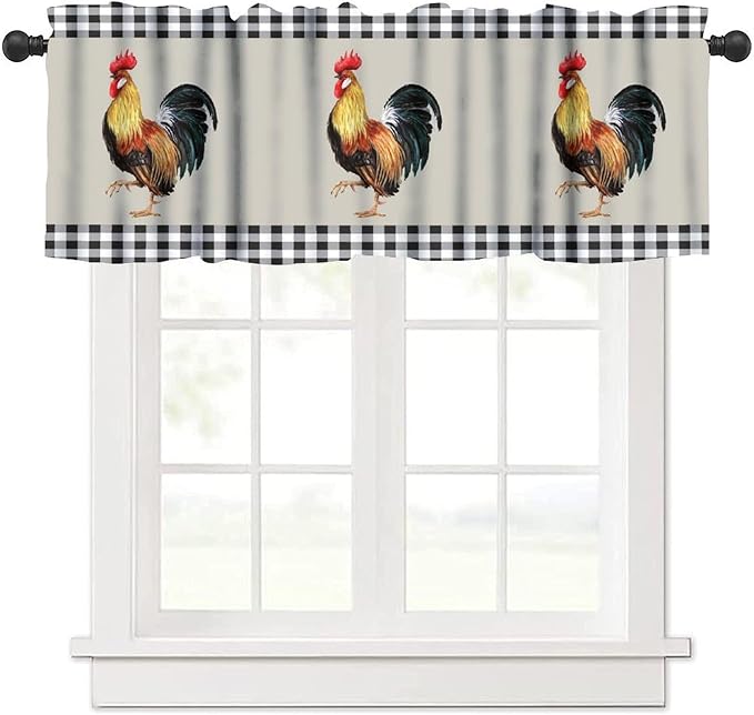 Rooster Kitchen Curtains Watercolor Vintage Rustic Farm Chicken Black White Buffalo Plaid Rod Pocket Curtain Valance for Kitchen Bedroom Living Room Decor 1 Panel W54xL18 Inch