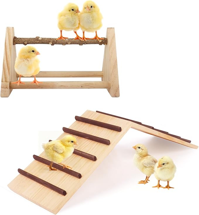 2-in-1 Chick Perch & Ramp Trainer Set, Wooden Chicken Roost Bar & Stand for Brooder Coop, Baby Chicken Supplies Toys for Chicks Ducks Quails and Small Animals