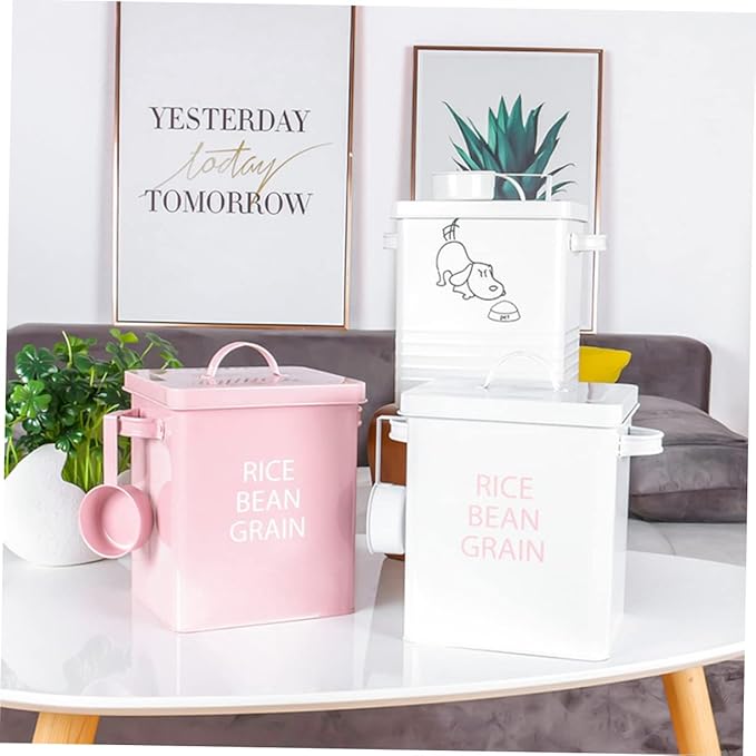 MERRYHAPY Airtight PET Food Storage Container Metal Grain Storage Barrel with Spoon Moisture Dog and Cat 5L Capacity