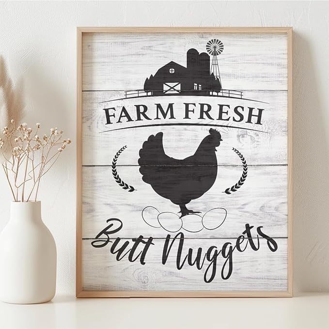 Farm Fresh Butt Nuggets - Farm Animal Chicken Coop 11x14 Framed Print, Funny Chicken Sign for Farmhouse Decor, Rustic Country Wall Art, Kitchen Decor, Farm Fresh Eggs Wall Art, Cottagecore Style