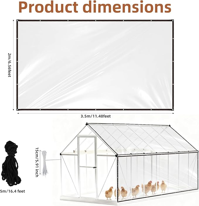 2pcs Chicken Coop Cover, 3.5x2m/11.48x6.56 Feet Waterproof Clear Tarp for Chicken Coop Run Cover with 30 Cable Ties Heavy Duty PVC Pheasantry Runway Wrap for Outdoor Winter Farm
