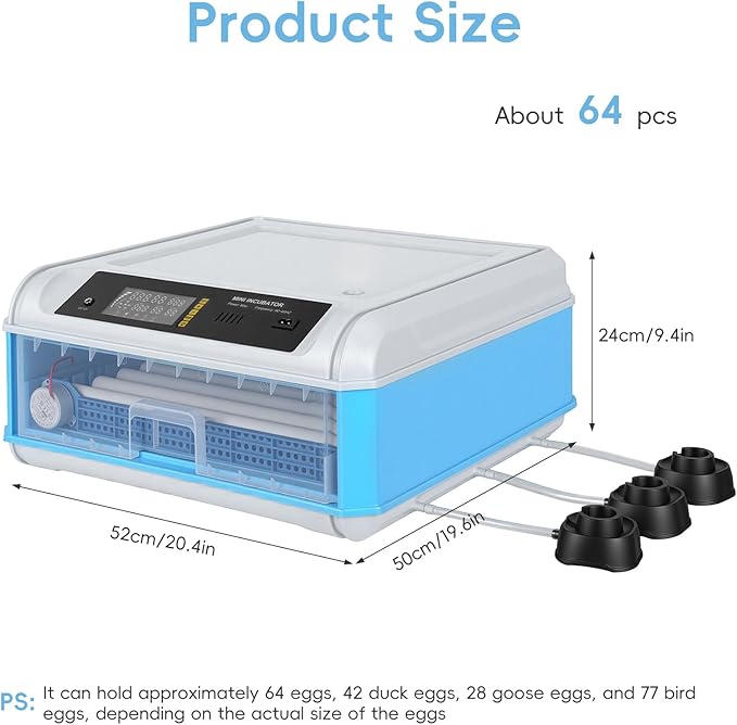 120 Eggs Smart Incubation Machine with Automatic Egg Turning&Temperature Control, Poultry Hatcher with 120-Egg Capacity&Humidity Regulation (Blue-1, 64)
