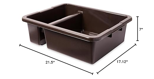 Rubbermaid Commercial Products Standard Divided Bus/Utility Box 7-Gallon Brown Plastic Heavy Duty Divided Restaurant Wash Basin/Dish Washing Tub for Cups/Plates/Bowls