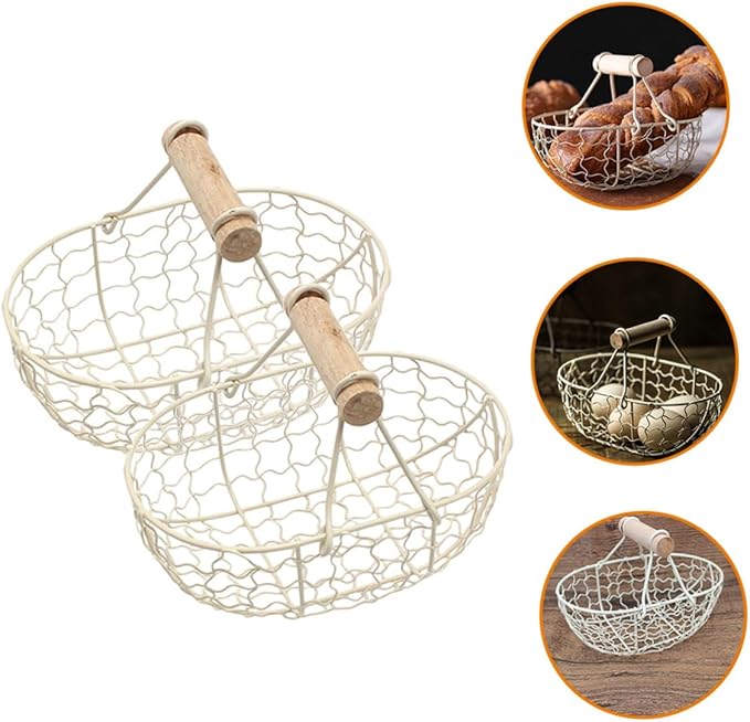 2pcs Vintage Style White Iron Wire Fruit Basket with Wooden Handles, Multi-function Metal Mesh Storage Baskets for Kitchen, Egg and Bread Organizer, Small Harvesting and Serving