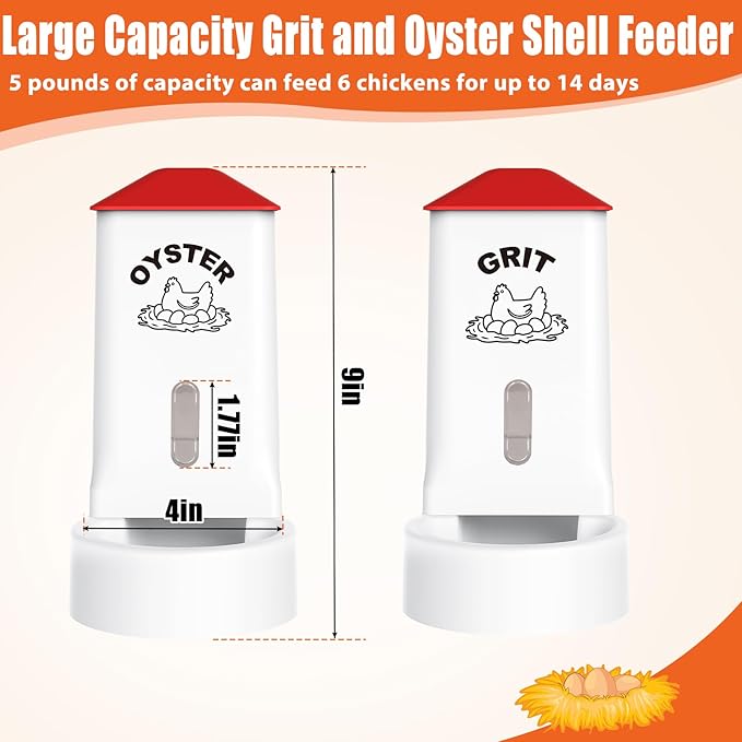 2 Pack Chicken Grit and Oyster Shell Feeder, Automatic PVC Chicken Feeder with Visual Window and Lid, Hanging Chicken Feeder for Strong Eggs Healthier Poultry