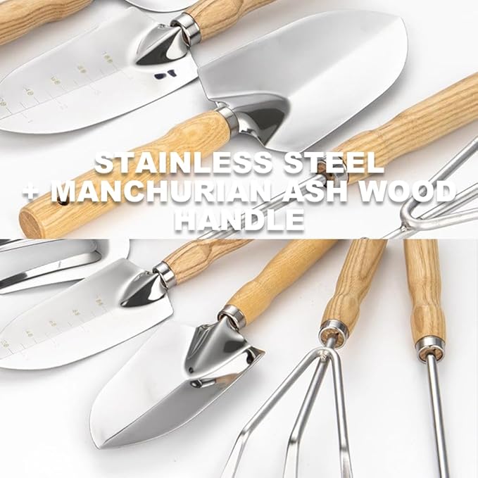 Garden Tool Set, 5 Piece Stainless Steel Gardening Hand Tools Including Graduation Shovel, Hand Rake, Transplanter, Trowel, Hand Cultivator