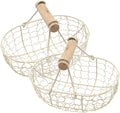 2pcs Vintage Style White Iron Wire Fruit Basket with Wooden Handles, Multi-function Metal Mesh Storage Baskets for Kitchen, Egg and Bread Organizer, Small Harvesting and Serving