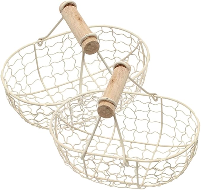 2pcs Vintage Style White Iron Wire Fruit Basket with Wooden Handles, Multi-function Metal Mesh Storage Baskets for Kitchen, Egg and Bread Organizer, Small Harvesting and Serving