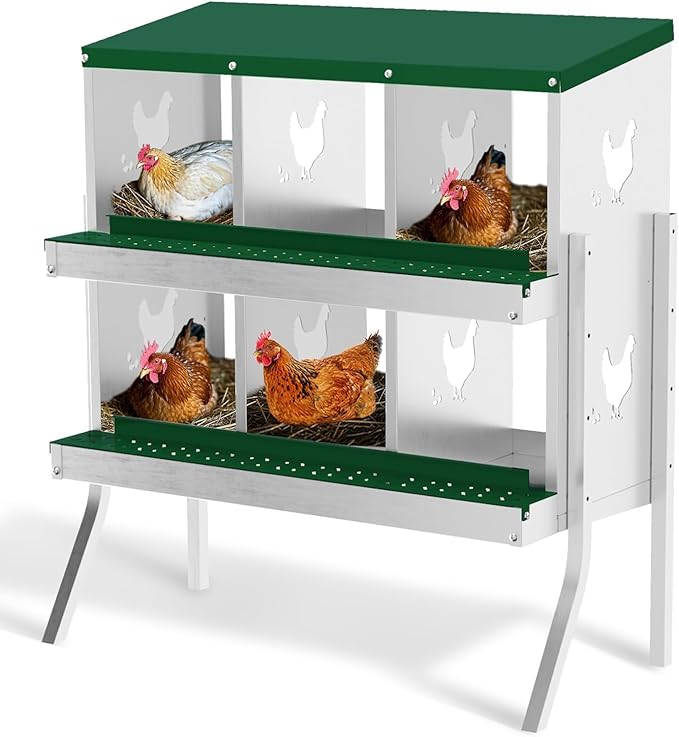 Metal Chicken Nesting Boxes, Heavy-Duty Galvanized Steel Egg Laying Box with 6 Compartments, Rustproof, Easy to Install & Clean, Wall-Mountable Design for Poultry Coops- Green with Stand