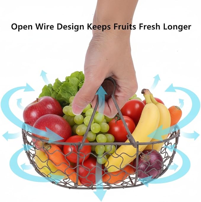 DOITOOL Egg Basket for Fresh Eggs with Wooden Handle Vintage Style Kitchen Storage Basket for Fruit Bread and Countertop Organization 4.68 Inch Compact Size
