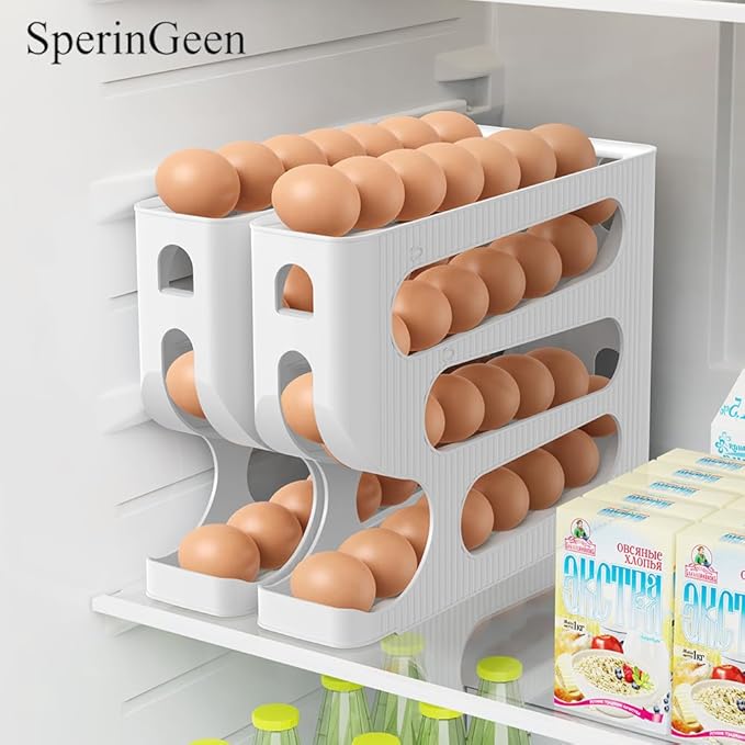 Automatic Rolling Down Egg Holder, SperinGeen 2 Pack Egg Organizer Storage for Refrigerator, Space Saving Container, Dispenser for Fridge - Only for "LARGE" Sized Eggs (Egg Roller Hold 56 Count)