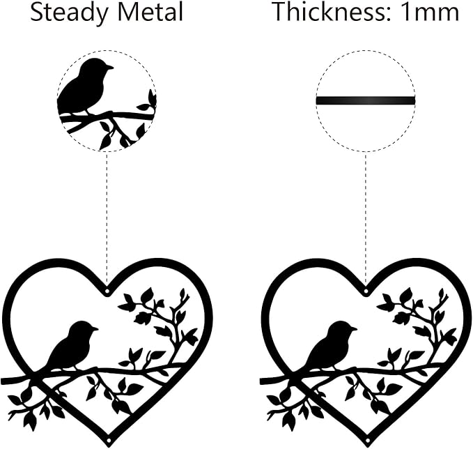 CREATCABIN Metal Bird Wall Art Branch Black Wall Decor Sculpture Birds Love Heart Silhouette Hanging Home Decor Sign Ornament for Home Garden Living Room Bedroom Indoor Outdoor 11.8 x 10.6 Inch
