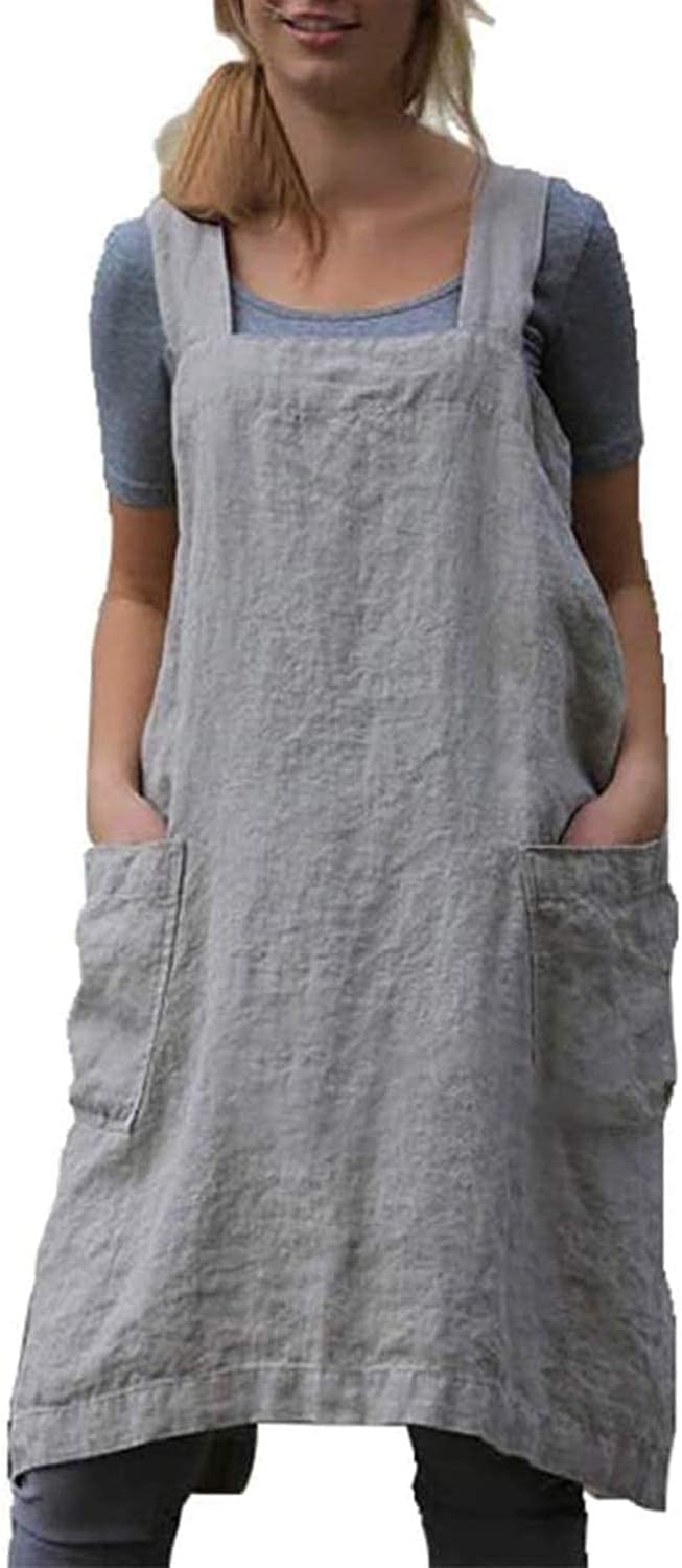 Women's Pinafore Apron Cross Back Apron with Pockets Cotton Linen Apron Dress Plus Size