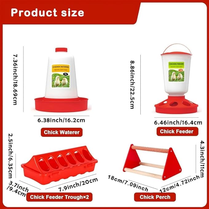 5pcs Chick Feeder and Waterer Kit,Top Fill 1kg Chick Feeder and 1L Chick Waterer,Baby Chicken Supplies with Chicks Perch,for Coop and Brooder for Small Poultry Ducks Quail