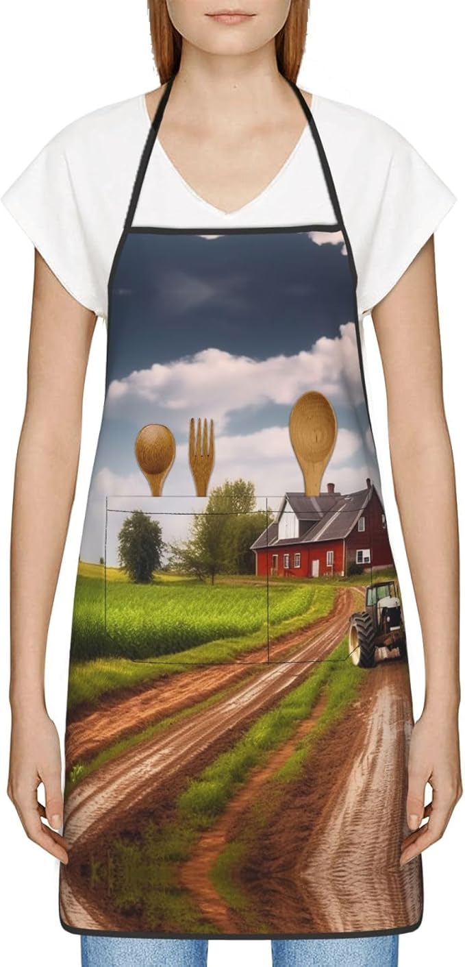 Kitchen Apron For Women Men Waterproof Heat Insulation Cooking Aprons Country Road With Farm And Tractor Bib Apron With Large Pockets For Chefs, Bbq, Baking, Gardening, Salon