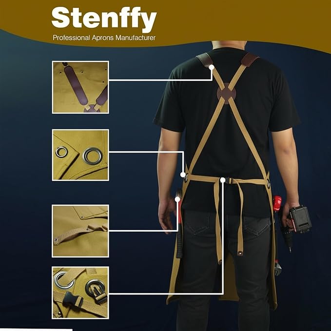 Woodworking Apron, Tool Apron, Canvas, Multiple Pockets, Adjustable Zipper, Metal Ring, Tape Measure Clip, Plus Size, Khaki.