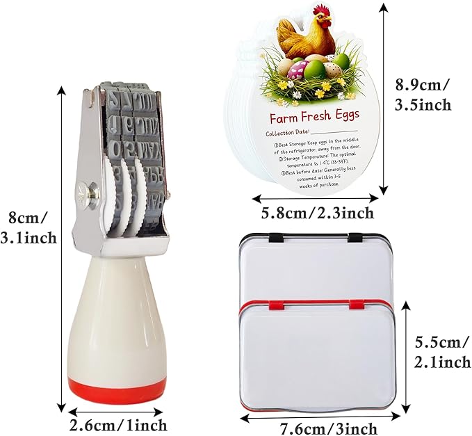 Egg Dater Kit, Date Stamp, 2 Fade-Resistant Inks (Red & Black), Stamper Pad, 50 Farm Fresh Eggs Instructions, for Chicken Duck Turkey Goose Eggs