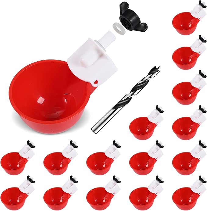 Chicken Waterer Cups (16 Pack/Red) - DIY Automatic Large Chicken Water Feeder for Ducks Quail and Various Poultry Dispenser with Matching Drill, Double Rubber Ring, Not Leaking Wate…