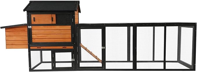 113" Large Chicken Coop with Run, Outdoor Wooden Hen Duck House with Nesting Box, Waterproof Asphalt Roof and Pull-Out Tray, Poultry Bunny Quail Cage Rabbit Hutch with Ventilated Window, Brown+Black
