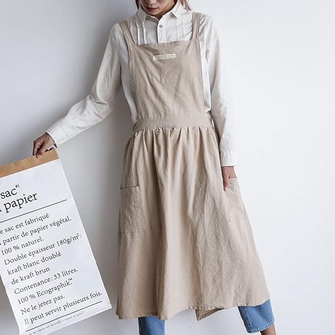 Cotton and linen Kitchen Cooking Aprons Dress for Women with Pockets Cute for Baking Painting Gardening Cleaning