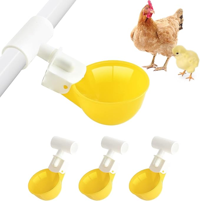 Chicken Water Cups with PVC Tee Fittings for 1/2" Pipe, Automatic Chicken Watering System, Anti-Leak, Holds 50% More Water, Suitable for Chicks, Chicken, Duck, Quail, Birds (Yellow, 4 PVC Cups)