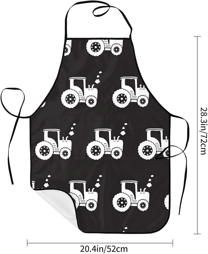 Apron for Women And Men, Waterproof Adjustable with Pocket Washable Cooking Apron, Chef Grilling BBQ Baking Crafting, Personalized Tractors White Black