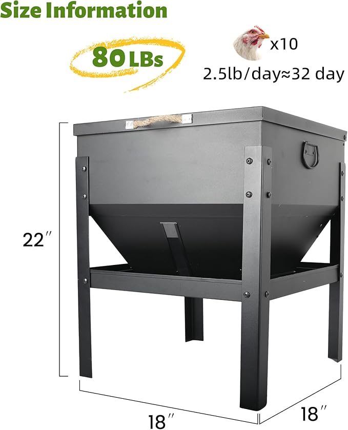 KOL 80LBs Chicken Feeder No-Waste, Galvanized Steel Large Capacity Chicken Feeder, Portable Poultry Feeder with Waterproof Lid for Hens and Roosters, Coops & Outdoors