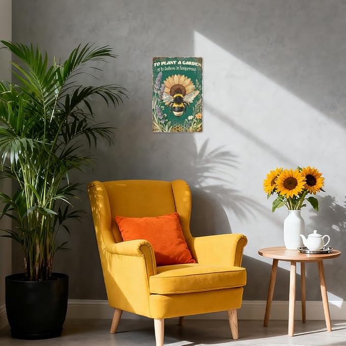 WADORN Funny Bee Floral Metal Tin Sign, 8x12 Inch To Plant A Garden Is To Believe In Tomorrow Retro Tin Sign Vintage Gardening Wall Art Decor Plaque for Farmhouse Yard Garden Courtyard Greenhouse