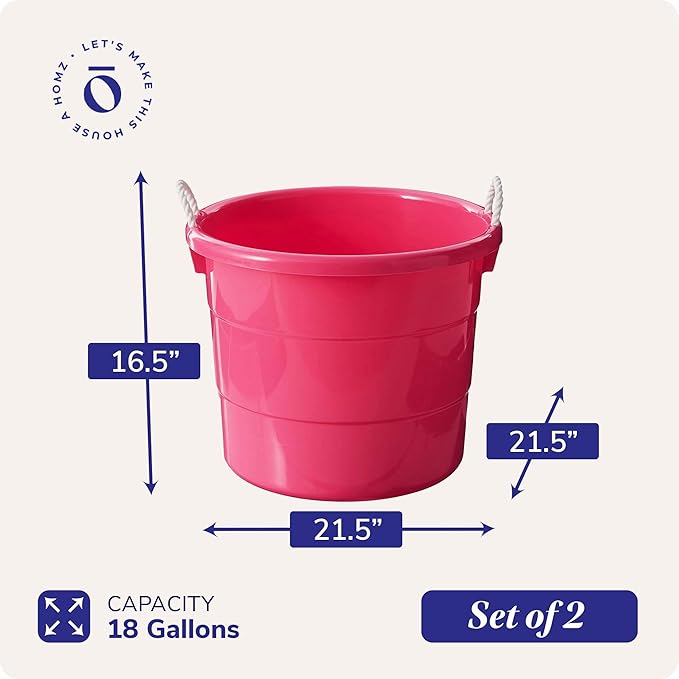 HOMZ 2-Pack Utility Tub, Large Plastic Storage Bucket with Rope Handles, 18 Gallon, Pink - Portable Indoor and Outdoor Buckets for Kitchen, Laundry, Garden, Bathroom, and Garage Organization
