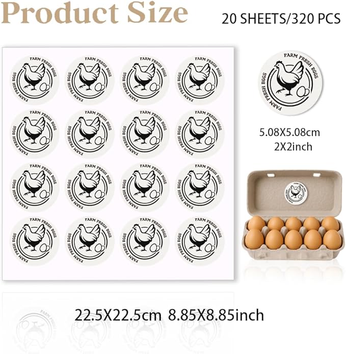 320 Pcs Farm Fresh Eggs Labels, 2 Inch Round Simplicity Retro Style Egg Carton Sticker Waterproof Adhesive Egg Packaging Sticker for Box Container Carton Farm Supplies