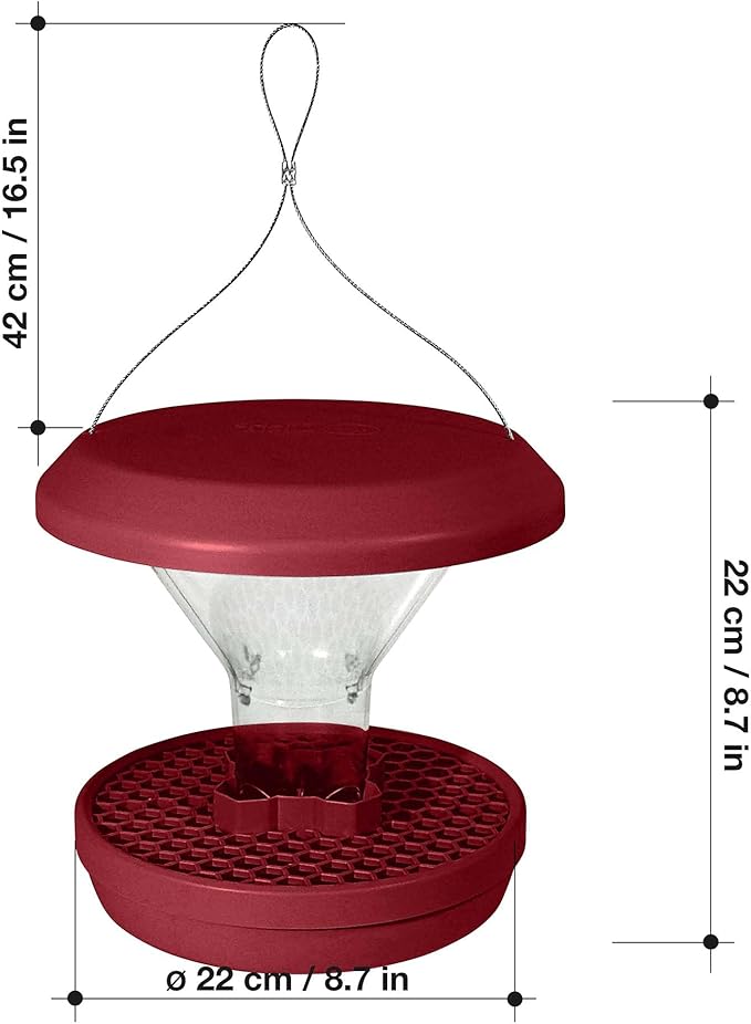 SWISSINNO Bird Feeders - No Mess Hanging Bird Feeder for Outdoors - Smart Birds Davos Spill Proof Wild Cardinal & Small Bird Feeder with Integrated Seed Catcher Tray - Dual Chamber - Burgundy