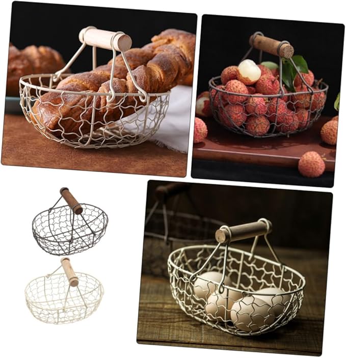 2pcs Retro Style Storage Basket Wooden Handle for Fruit Eggs and Snacks Compact Design for Organization Gray-Black and Colors