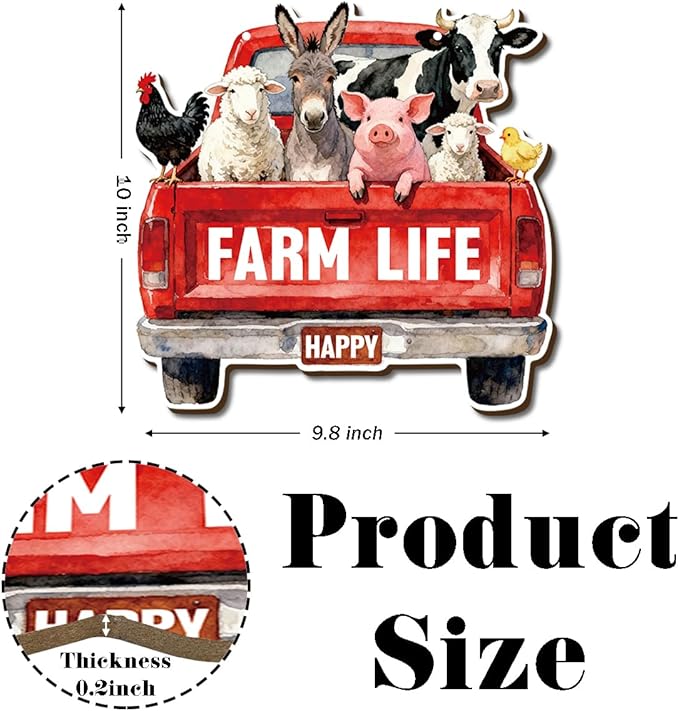 Farmhouse Wall Decor, Farm Life Red Truck Wood Sign with Cow Pig Donkey Sheep and Chicken, Rustic Watercolor Painting Style Hanging Plaque for Country Kitchen Porch Entryway or Barn, 9.8x10 Inches