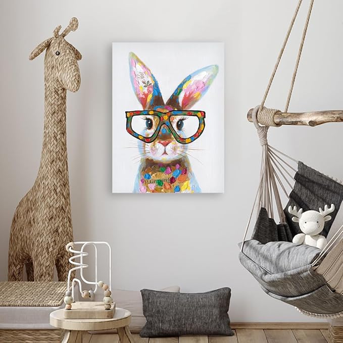 Yidepot Whimsical Colorful Rabbit Canvas Poster - Farm Bunny Bedroom Wall Decor with Cute Glasses Pictures for Living Room 16"x24"