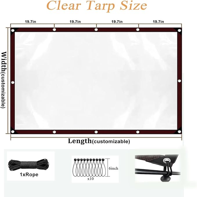 8x25FT Clear Vinyl Tarp, Clear Tarps Heavy Duty Waterproof with Grommets UV/Tear Resistant, Clear Plastic Tarp for Outdoor Porches Patio Enclosure Greenhouse Chicken Coop Cover