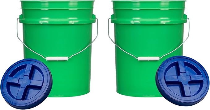 House Naturals 5 Gallon Green Food Grade BPA Free Made in USA Bucket Pail with Airtight Screw On Blue lid(Pack of 2)