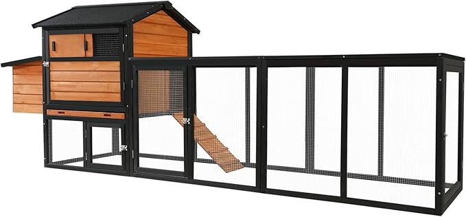 113" Large Chicken Coop with Run, Outdoor Wooden Hen Duck House with Nesting Box, Waterproof Asphalt Roof and Pull-Out Tray, Poultry Bunny Quail Cage Rabbit Hutch with Ventilated Window, Brown+Black