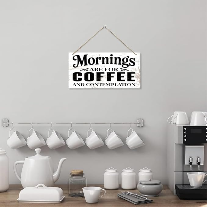 Coffee Bar Wooden Hanging Decor, Mornings are for Coffee and Contemplation Sign, Vintage Kitchen Decor, Rustic Farmhouse Cafe Decoration Accessories 12 x 6 Inches